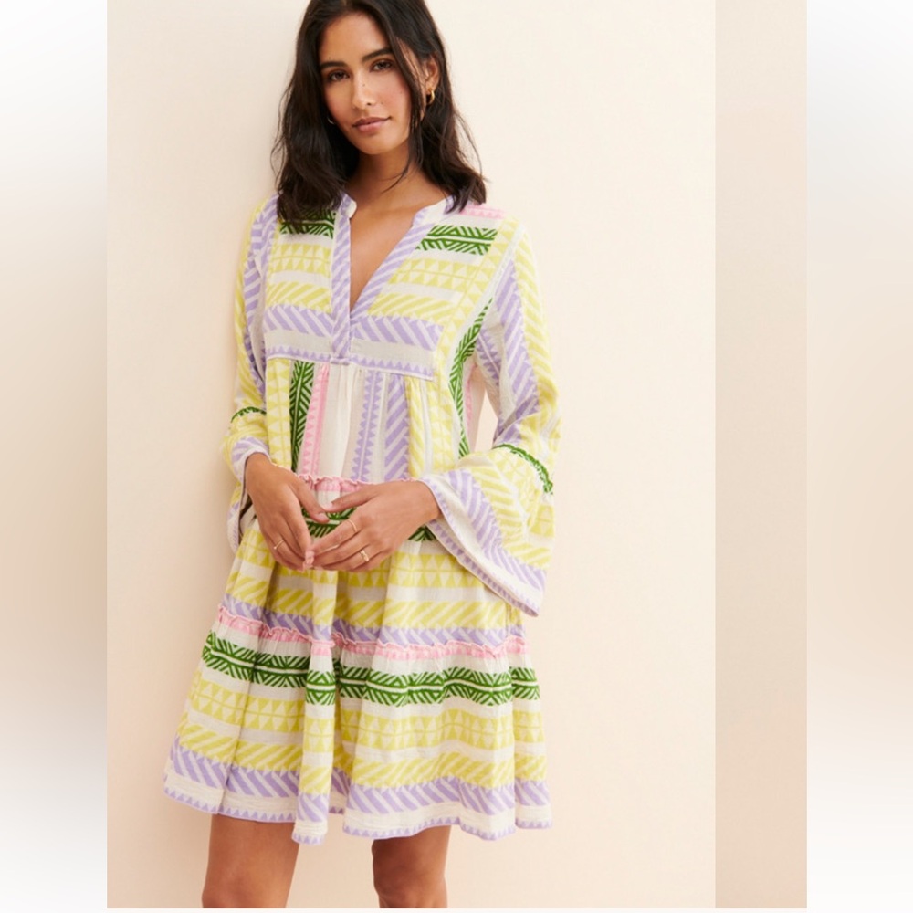 Devotion TWINS Yellow Green Lavender Pink Patterned Mini Dress